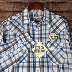 Ely Cattleman Mens Plaid Western Snap Front Shirt Blue Brown White Large NWT